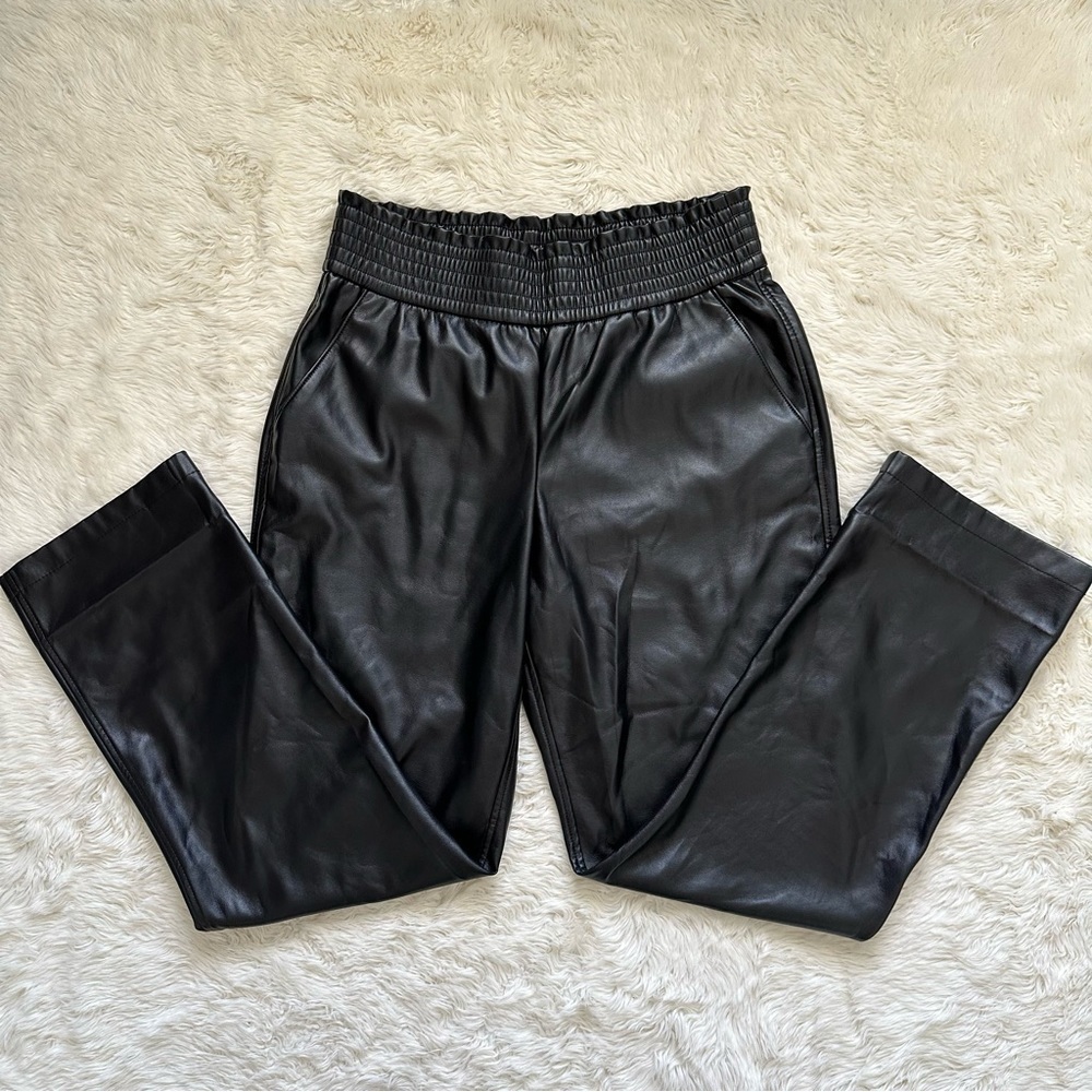 Joie Pants Faux Leather Smocked Elastic High Waist Pull On Straight Leg Black L